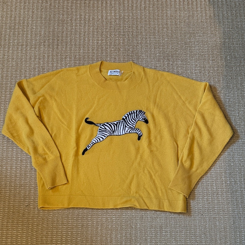 27 miles cashmere Mustard Crewneck Sweater with Zebra Design